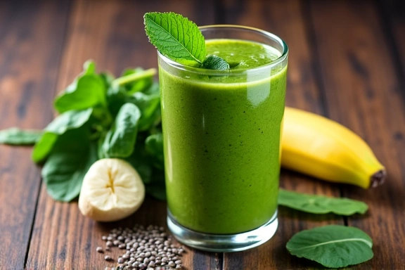 Batido verde fresco y cremoso en un vaso, rodeado de ingredientes como espinacas, plátano y semillas de chía.